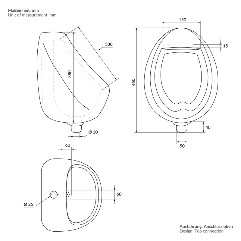 Urinal Pissoir aus Keramik mit Zulauf von Oben Luxebath
