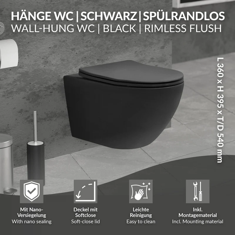 Wand-WC Hänge Toilette aus Keramik Matt Schwarz 54 cm lang Spülrandlos mit Nanoversiegelung & Softclose Luxebath