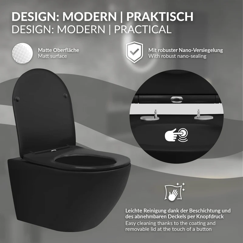 Wand-WC Hänge Toilette aus Keramik Matt Schwarz 54 cm lang Spülrandlos mit Nanoversiegelung & Softclose Luxebath