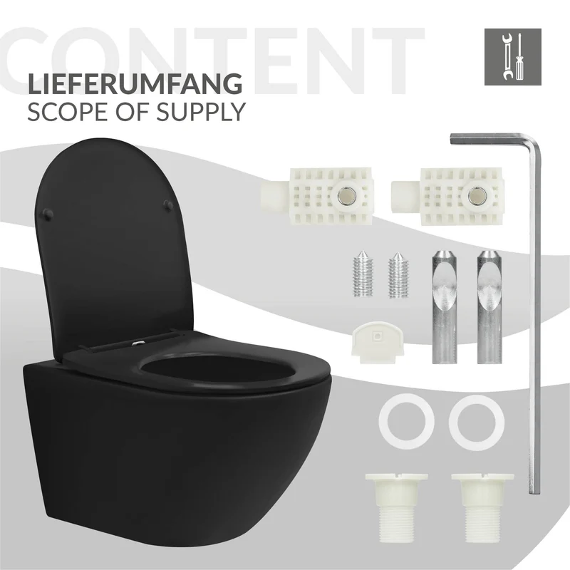 Wand-WC Hänge Toilette aus Keramik Matt Schwarz 54 cm lang Spülrandlos mit Nanoversiegelung & Softclose Luxebath