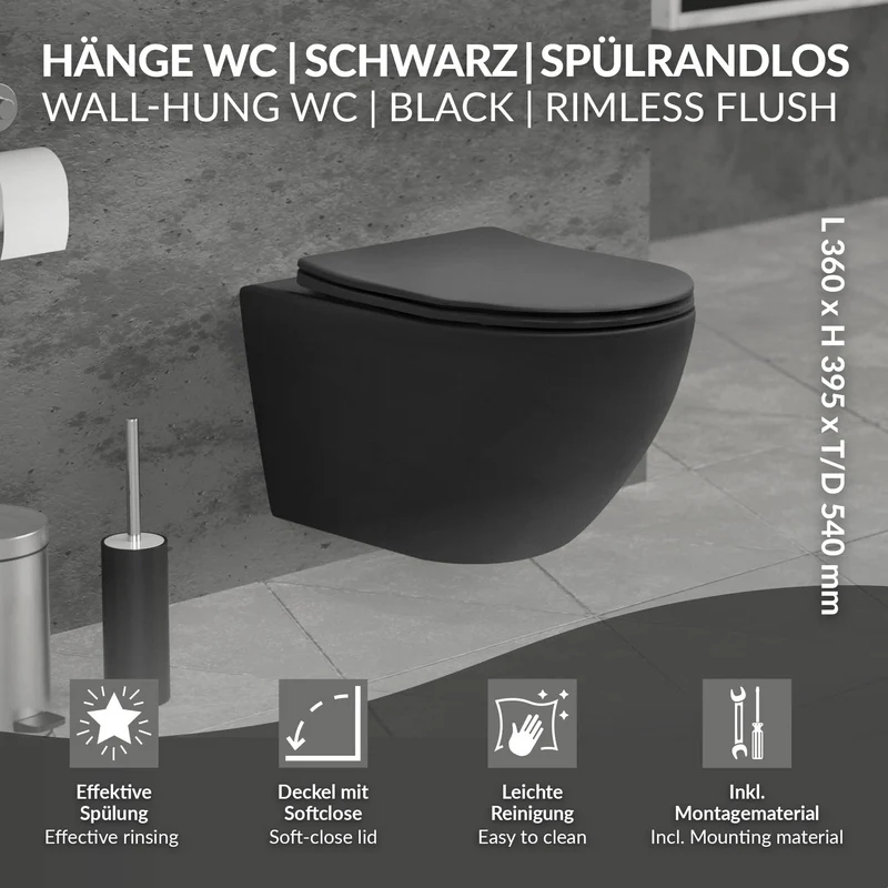 Wand-WC Hänge Toilette aus Keramik in Schwarz matt 54cm lang Spülrandlos mit Softclose LuxeBath