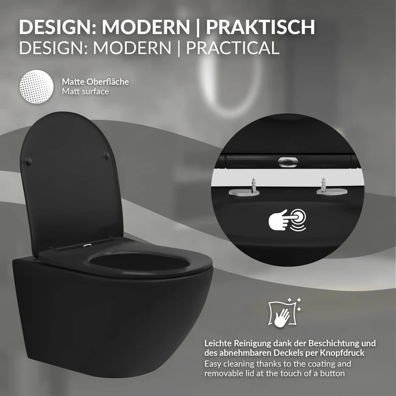 Wand-WC Hänge Toilette aus Keramik in Schwarz matt 54cm lang Spülrandlos mit Softclose LuxeBath