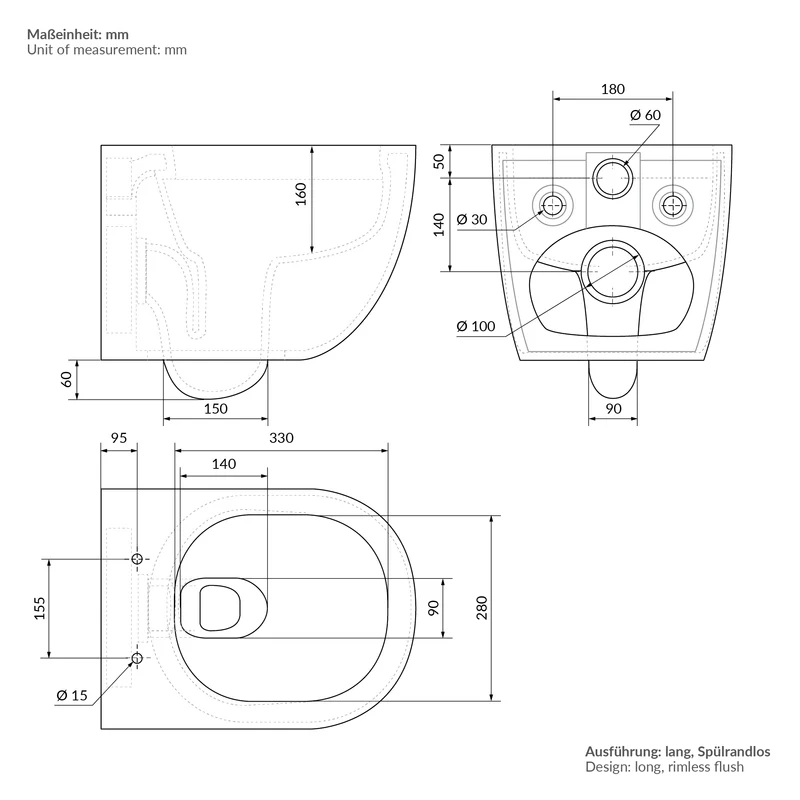Wand-WC Hänge Toilette aus Keramik in Schwarz matt 54cm lang Spülrandlos mit Softclose LuxeBath