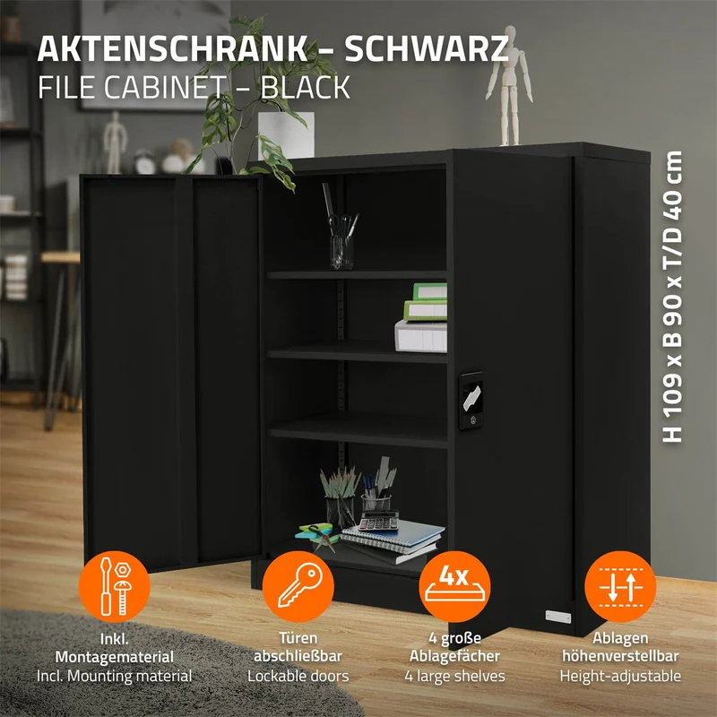 ML-Design | Aktenschrank abschließbar 90x40x109 cm aus Stahl, Büroschrank mit 2 Türen
