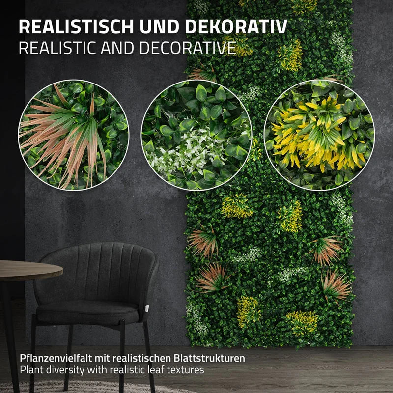 ECD Germany | Künstliche Pflanzenwand Copper Leaf 4er Set 50x50 cm Grün Kunstpflanzen Wandpaneele Indoor Outdoor Blumenwand Sichtschutz Wandpflanzen