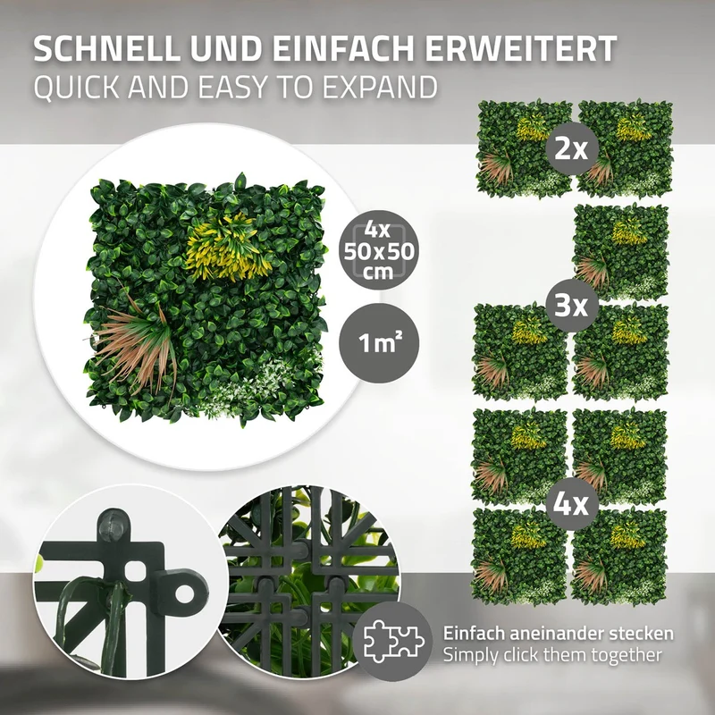 ECD Germany | Künstliche Pflanzenwand Copper Leaf 4er Set 50x50 cm Grün Kunstpflanzen Wandpaneele Indoor Outdoor Blumenwand Sichtschutz Wandpflanzen