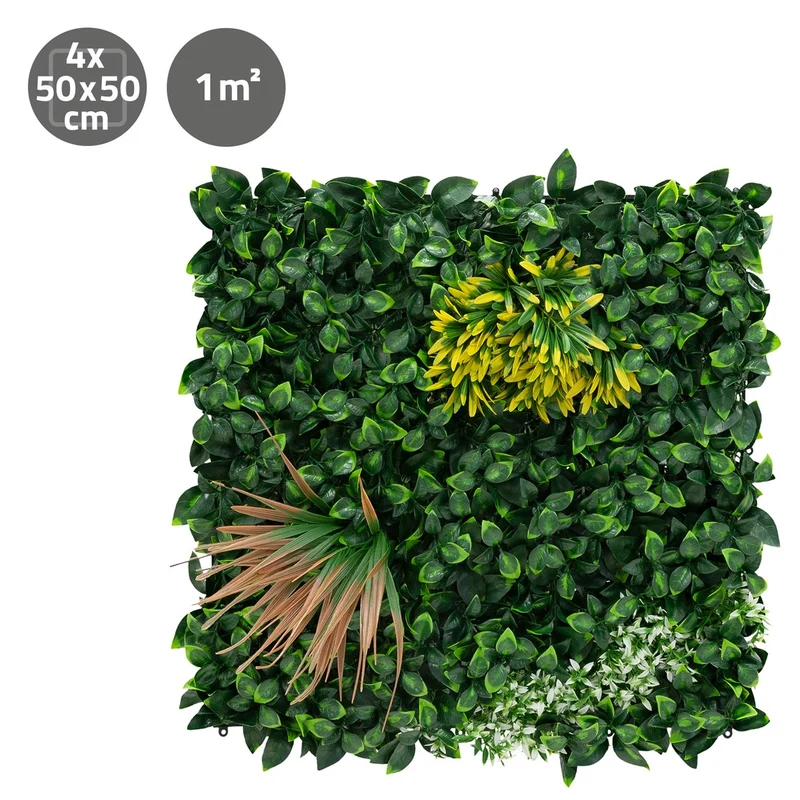 ECD Germany | Künstliche Pflanzenwand Copper Leaf 4er Set 50x50 cm Grün Kunstpflanzen Wandpaneele Indoor Outdoor Blumenwand Sichtschutz Wandpflanzen