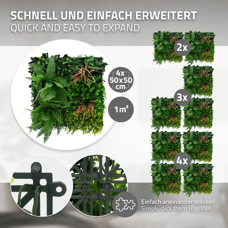 ECD Germany | Künstliche Pflanzenwand Tropical Mix 4er Set 50x50 cm Grün Kunstpflanzen Wandpaneele Indoor Outdoor Blumenwand Sichtschutz Wandpflanzen