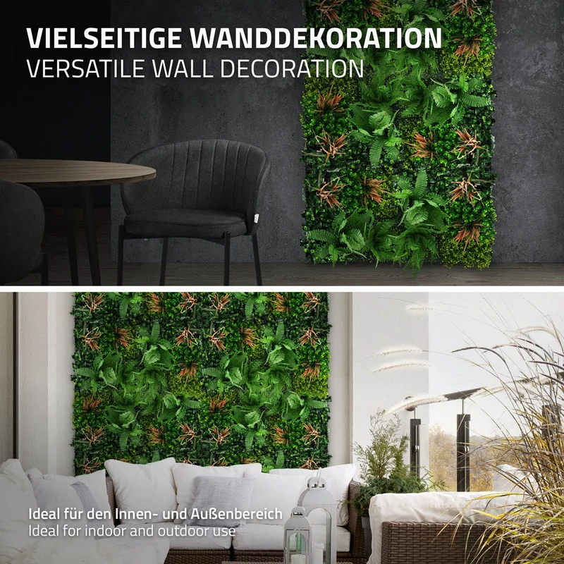 ECD Germany | Künstliche Pflanzenwand Tropical Mix 4er Set 50x50 cm Grün Kunstpflanzen Wandpaneele Indoor Outdoor Blumenwand Sichtschutz Wandpflanzen
