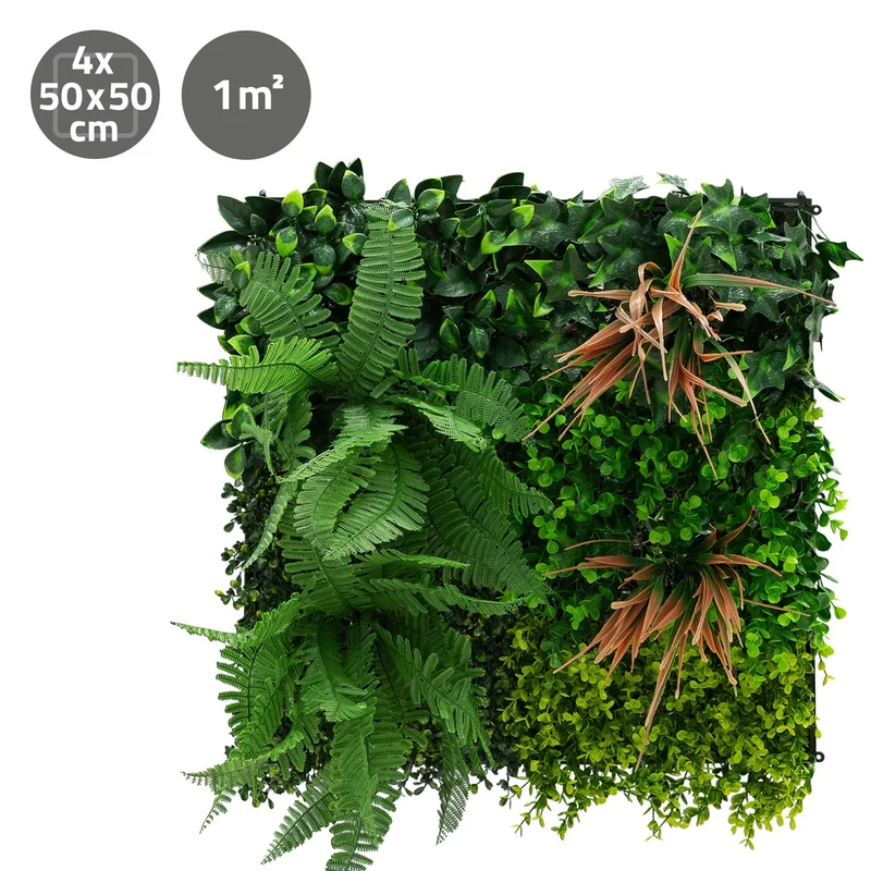 ECD Germany | Künstliche Pflanzenwand Tropical Mix 4er Set 50x50 cm Grün Kunstpflanzen Wandpaneele Indoor Outdoor Blumenwand Sichtschutz Wandpflanzen