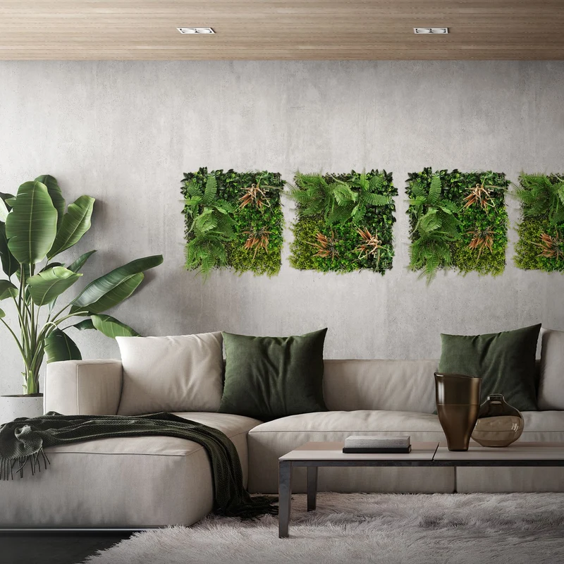 ECD Germany | Künstliche Pflanzenwand Tropical Mix 4er Set 50x50 cm Grün Kunstpflanzen Wandpaneele Indoor Outdoor Blumenwand Sichtschutz Wandpflanzen