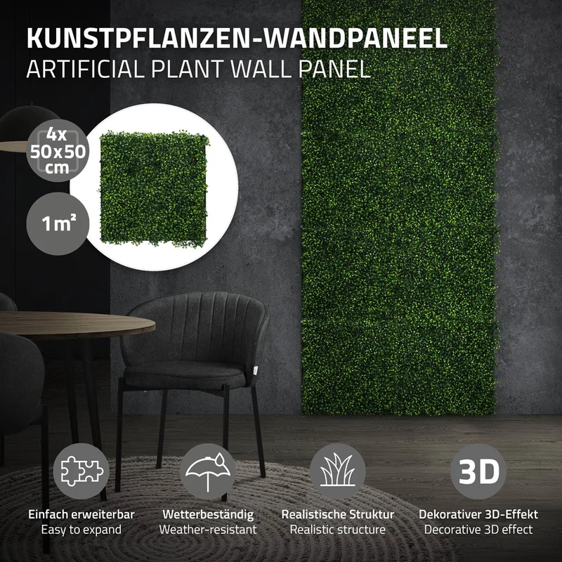 ECD Germany | Künstliche Pflanzenwand Classic Buxus 4er Set 50x50 cm Grün Kunstpflanzen Wandpaneele Indoor Outdoor Blumenwand Sichtschutz Wandpflanzen