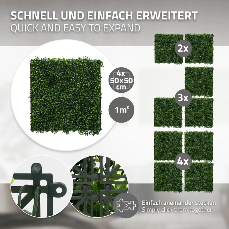 ECD Germany | Künstliche Pflanzenwand Classic Buxus 4er Set 50x50 cm Grün Kunstpflanzen Wandpaneele Indoor Outdoor Blumenwand Sichtschutz Wandpflanzen