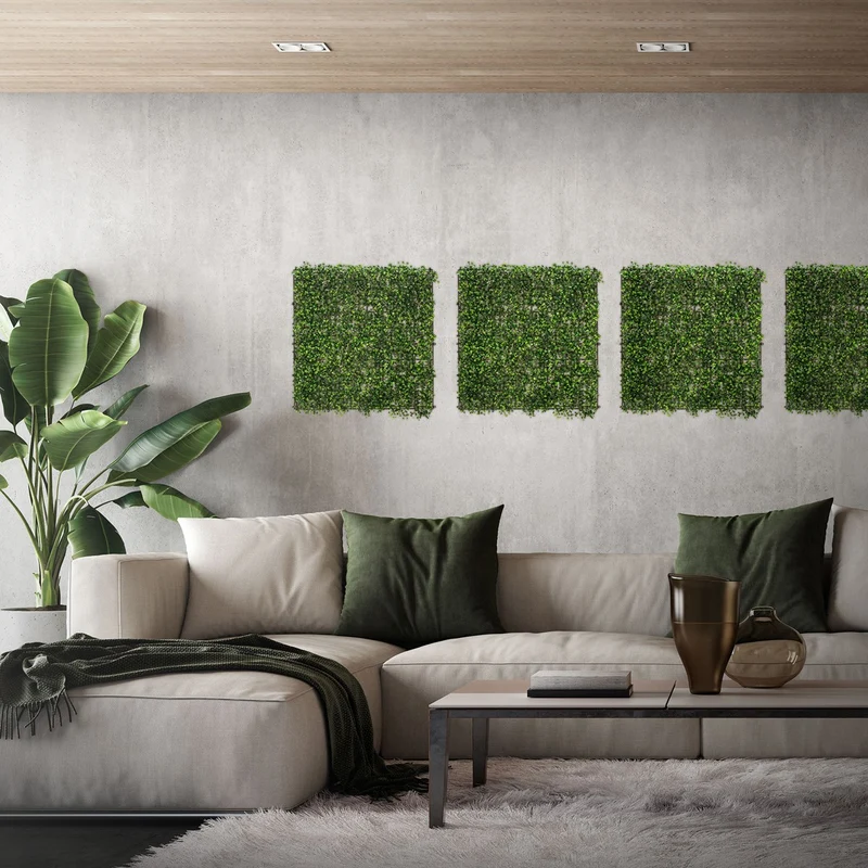 ECD Germany | Künstliche Pflanzenwand Classic Buxus 4er Set 50x50 cm Grün Kunstpflanzen Wandpaneele Indoor Outdoor Blumenwand Sichtschutz Wandpflanzen