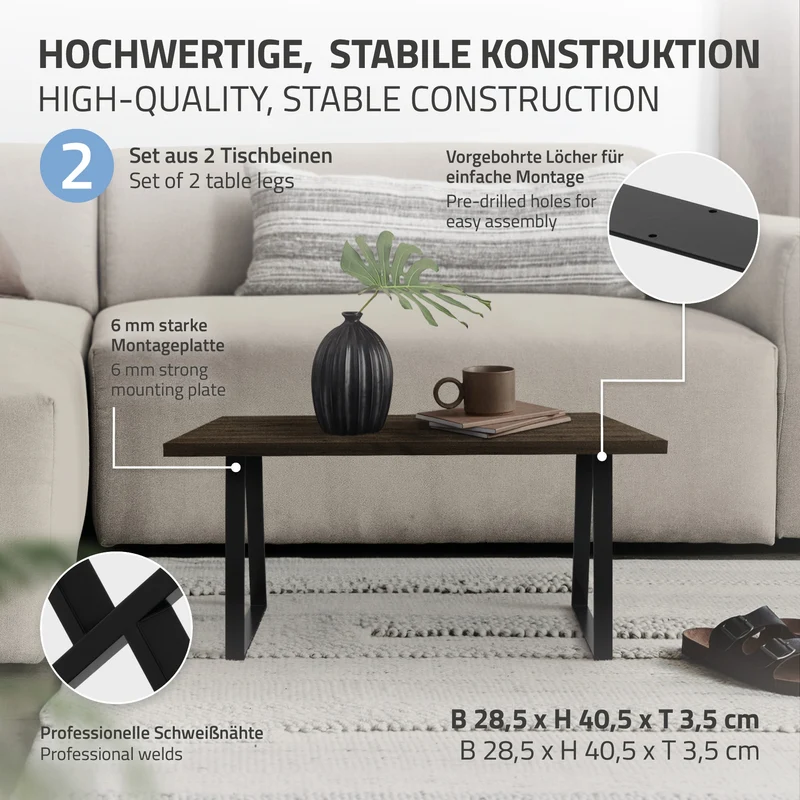 2 Stück Tischbeine Bankkufen B28,5xH40,5 cm Schwarz Tischkufen Trapez-Form Stahl pulverbeschichtet ML-Design