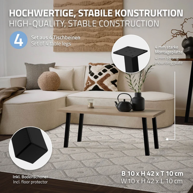 4er Set Tischbeine schräg H42 cm Schwarz glänzend aus pulverbeschichtetem Stahl eckig Profil 4x4 cm I-Form 96° Neigung ML-Design
