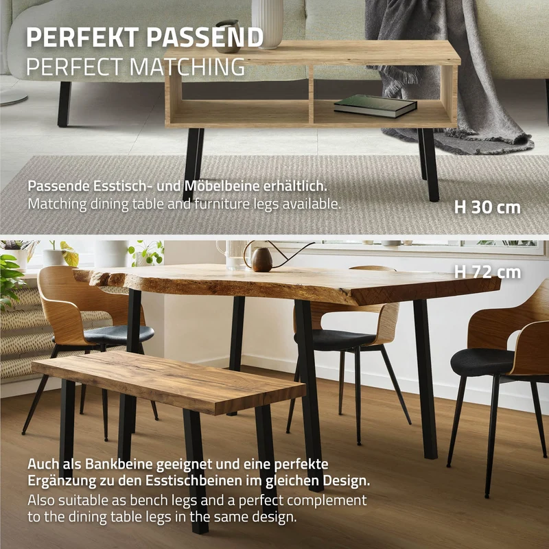 4er Set Tischbeine schräg H42 cm Schwarz glänzend aus pulverbeschichtetem Stahl eckig Profil 4x4 cm I-Form 96° Neigung ML-Design