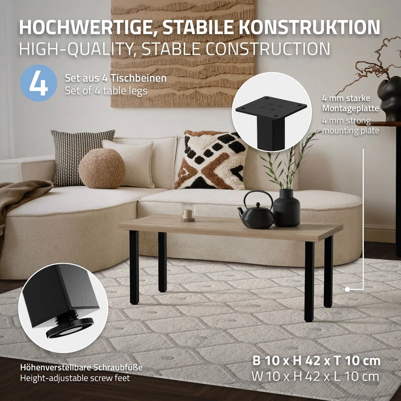 4er Set Tischbeine I-Design 42 cm Schwarz Tischgestell aus pulverbeschichteter Stahl, Profil 4x4 cm, höhenverstellbare Möbelfüße ML-Design
