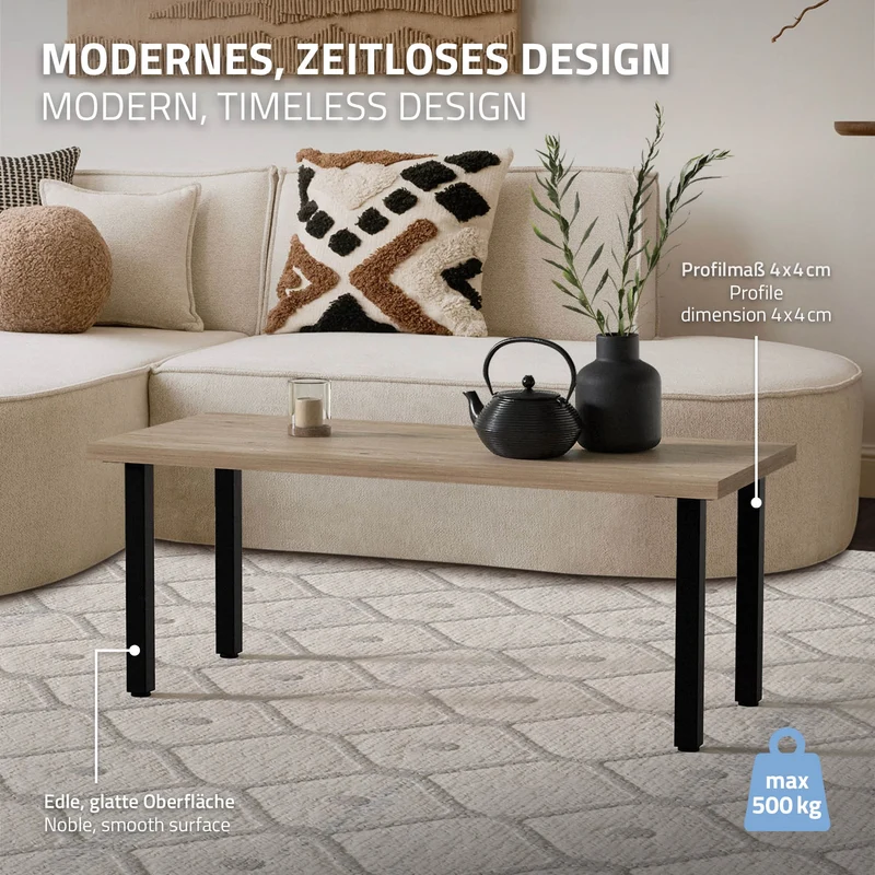 4er Set Tischbeine I-Design 42 cm Schwarz Tischgestell aus pulverbeschichteter Stahl, Profil 4x4 cm, höhenverstellbare Möbelfüße ML-Design
