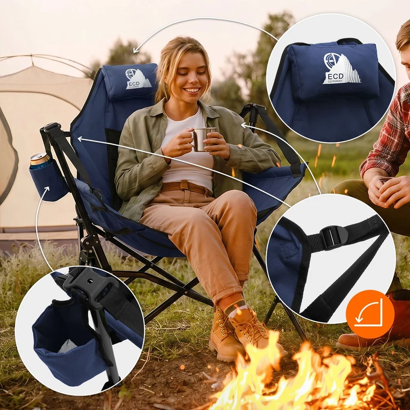 ECD GERMANY | Campingstuhl faltbar mit Stahlgestell Blau Schaukelstuhl bis 150kg Angelstuhl Klappstuhl mit verstellbarer Rückenlehne Faltstuhl Outdoor