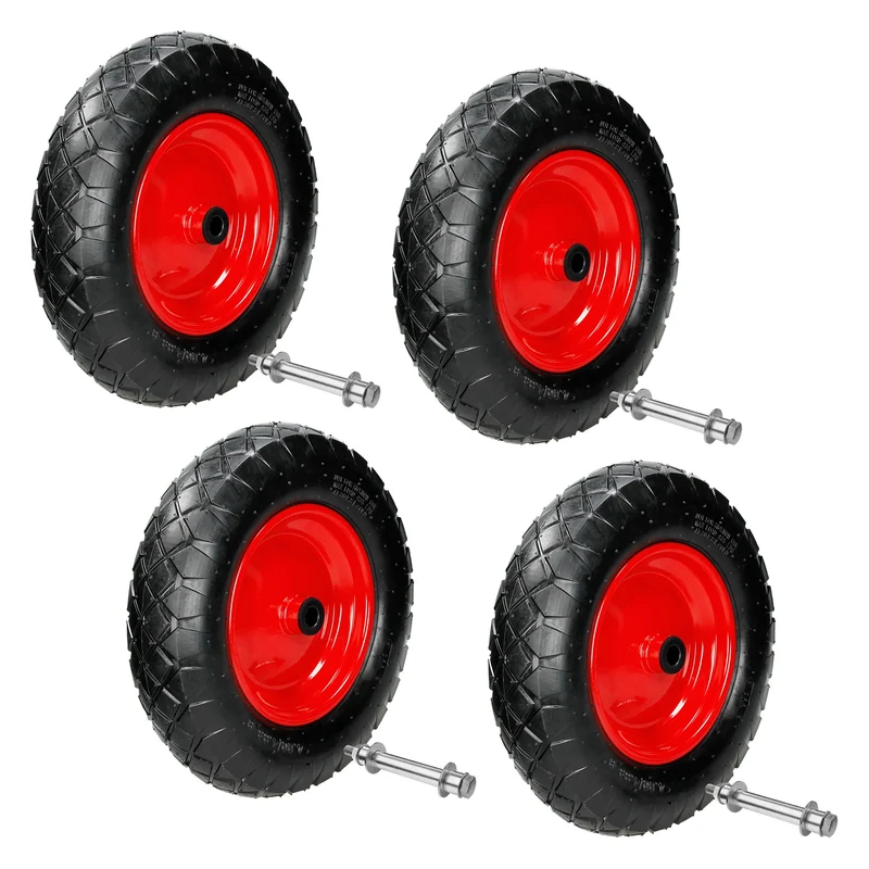 4er Set Schubkarrenrad luftbereift 390 mm 4.80/4.00-8 mit Achse Rot aus PU