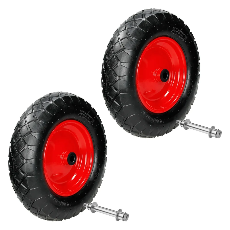 2er Set Schubkarrenrad luftbereift 390 mm 4.80/4.00-8 mit Achse Rot aus PU