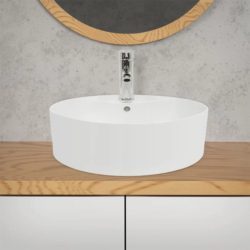 LuxeBath | Waschbecken Rund mit Überlauf Ø 460x155 mm aus Keramik Waschplatz Handwaschbecken für das Badezimmer