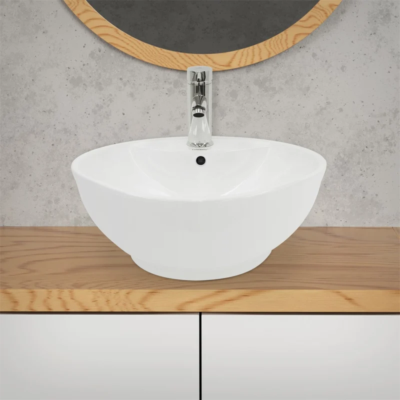 LuxeBath | Waschbecken Rund mit Überlauf Ø 455x185 mm aus Keramik Waschplatz Handwaschbecken für das Badezimmer