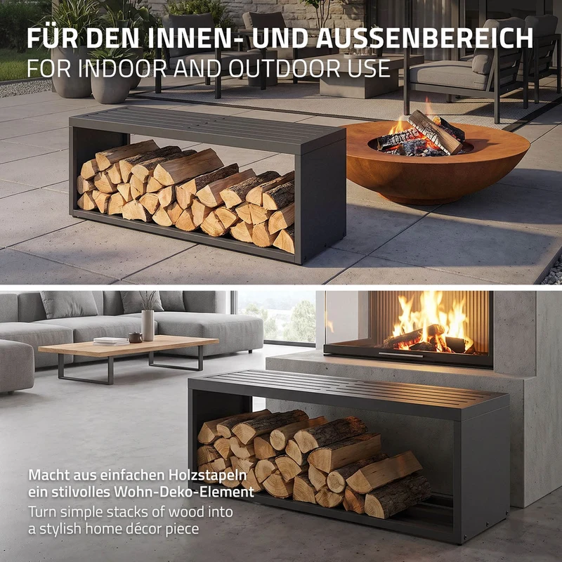 ML-DESIGN | Kaminholzregal Innen/Aussen mit Sitzbank 120x38x43 cm Stahl verzinkt Anthrazit Brennholzregal Metall Holzlager Feuerholzregal wetterfest