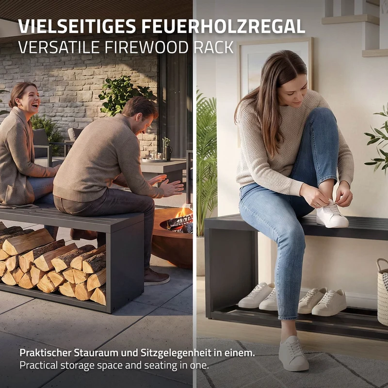 ML-DESIGN | Kaminholzregal Innen/Aussen mit Sitzbank 120x38x43 cm Stahl verzinkt Anthrazit Brennholzregal Metall Holzlager Feuerholzregal wetterfest