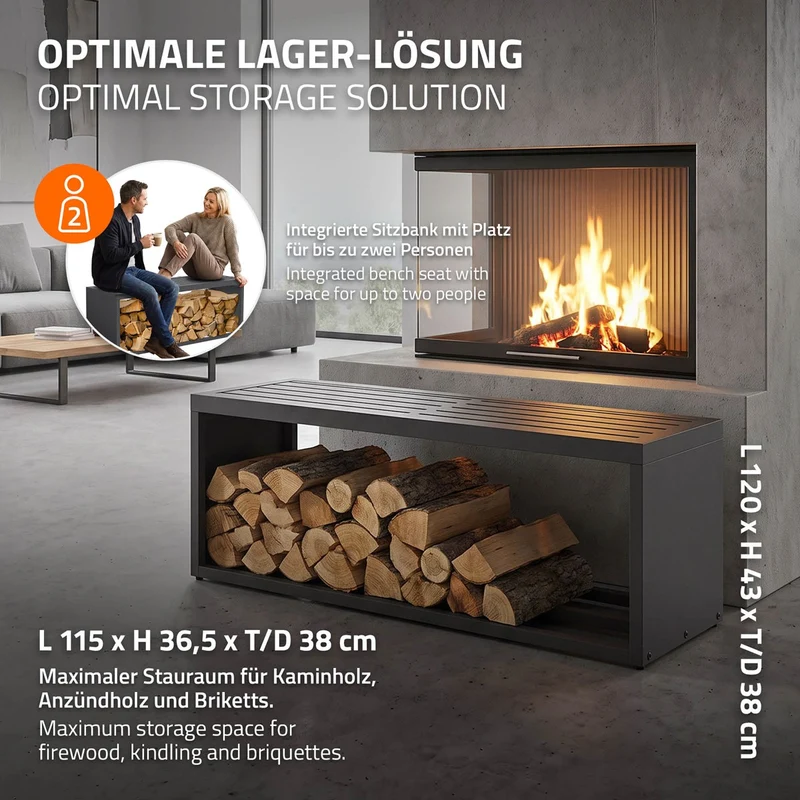 ML-DESIGN | Kaminholzregal Innen/Aussen mit Sitzbank 120x38x43 cm Stahl verzinkt Anthrazit Brennholzregal Metall Holzlager Feuerholzregal wetterfest