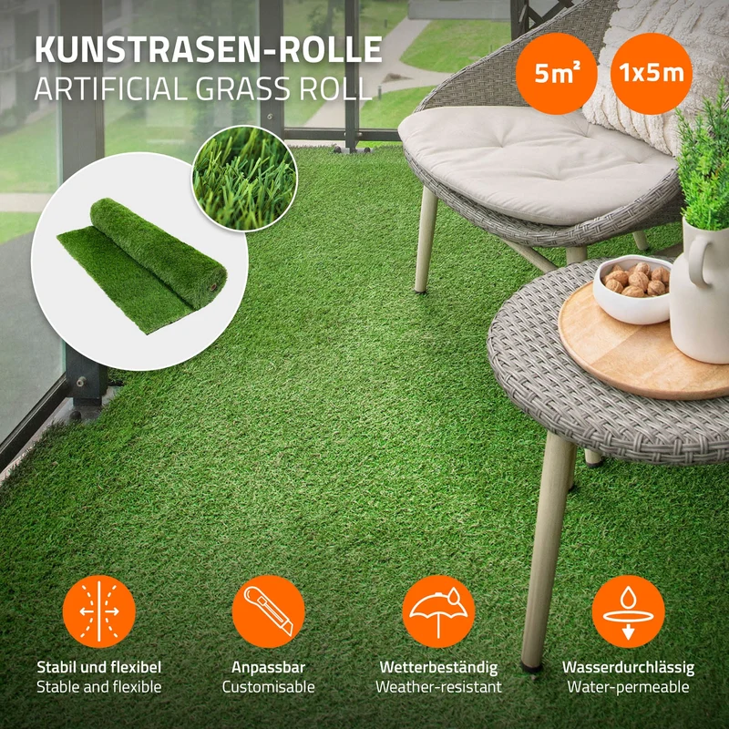 Rasenteppich Kunstrasen-Rolle 100x500 cm 5m² Grün, wetterfest, 18mm, Grasmatte Meterware, Kunstgras