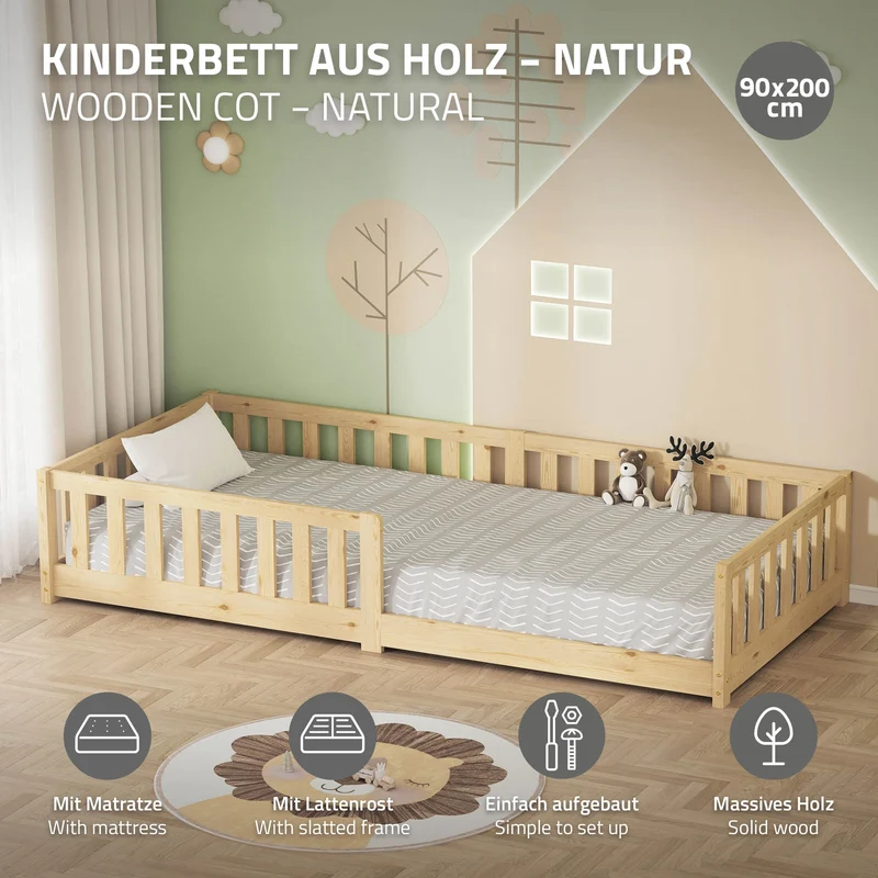 Kinderbett 90x200 cm mit Lattenrost Rausfallschutz und Matratze H-10 cm Natur Kiefernholz ML-Design