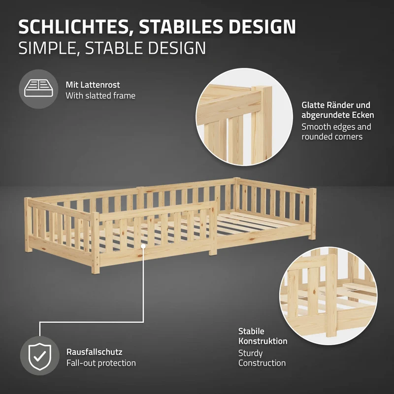 Kinderbett 90x200 cm mit Lattenrost Rausfallschutz und Matratze H-10 cm Natur Kiefernholz ML-Design