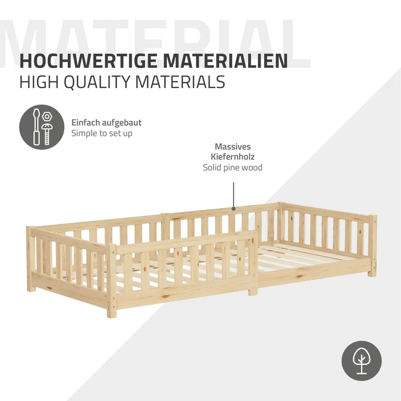 Kinderbett 90x200 cm mit Lattenrost Rausfallschutz und Matratze H-10 cm Natur Kiefernholz ML-Design