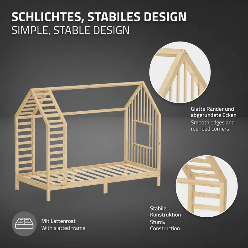 ML-DESIGN | Kinderbett mit Lattenrost aus massivem Kiefernholz 90x200 cm Natur Hausbett mit Dach & Fenster Montessori Bettgestell für Mädchen & Jungen