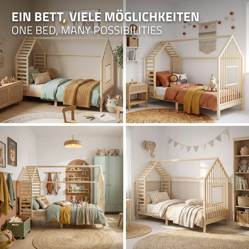 ML-DESIGN | Kinderbett mit Lattenrost aus massivem Kiefernholz 90x200 cm Natur Hausbett mit Dach & Fenster Montessori Bettgestell für Mädchen & Jungen