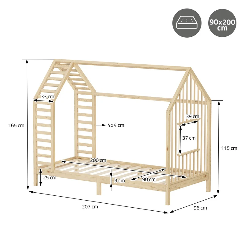 ML-DESIGN | Kinderbett mit Lattenrost aus massivem Kiefernholz 90x200 cm Natur Hausbett mit Dach & Fenster Montessori Bettgestell für Mädchen & Jungen