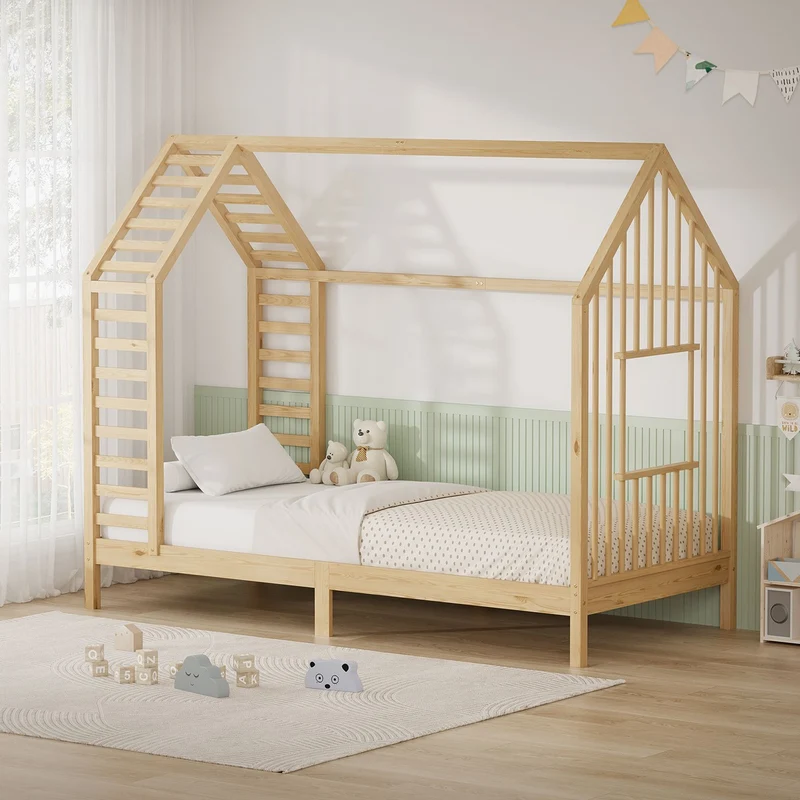 ML-DESIGN | Kinderbett mit Lattenrost aus massivem Kiefernholz 90x200 cm Natur Hausbett mit Dach & Fenster Montessori Bettgestell für Mädchen & Jungen