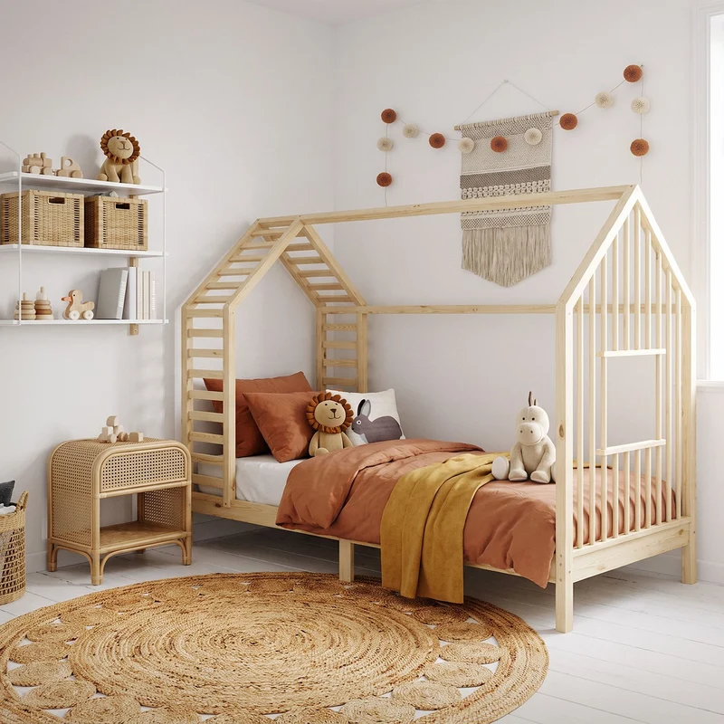 ML-DESIGN | Kinderbett mit Lattenrost aus massivem Kiefernholz 90x200 cm Natur Hausbett mit Dach & Fenster Montessori Bettgestell für Mädchen & Jungen