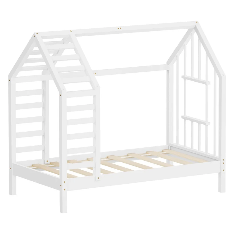 ML-DESIGN | Kinderbett mit Lattenrost aus massivem Kiefernholz 70x140 cm Weiß Hausbett mit Dach & Fenster Montessori Bettgestell für Mädchen & Jungen