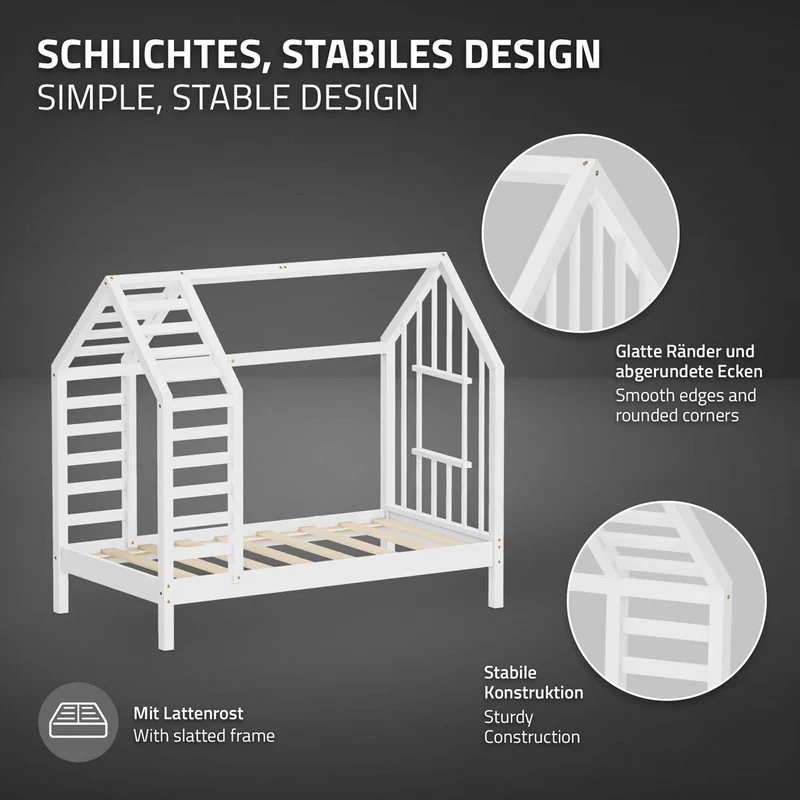 ML-DESIGN | Kinderbett mit Lattenrost aus massivem Kiefernholz 70x140 cm Weiß Hausbett mit Dach & Fenster Montessori Bettgestell für Mädchen & Jungen