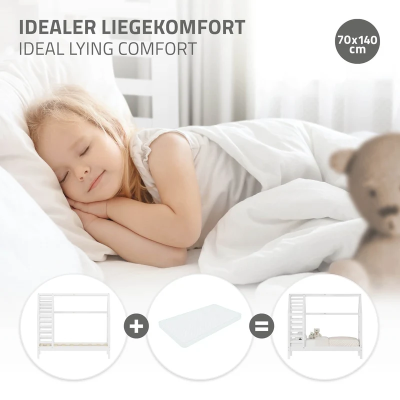 ML-DESIGN | Kinderbett mit Lattenrost aus massivem Kiefernholz 70x140 cm Weiß Hausbett mit Dach & Fenster Montessori Bettgestell für Mädchen & Jungen