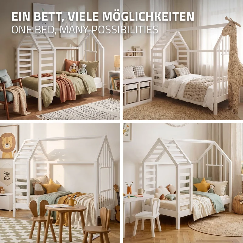 ML-DESIGN | Kinderbett mit Lattenrost aus massivem Kiefernholz 70x140 cm Weiß Hausbett mit Dach & Fenster Montessori Bettgestell für Mädchen & Jungen