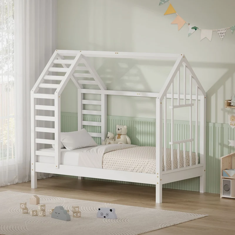 ML-DESIGN | Kinderbett mit Lattenrost aus massivem Kiefernholz 70x140 cm Weiß Hausbett mit Dach & Fenster Montessori Bettgestell für Mädchen & Jungen