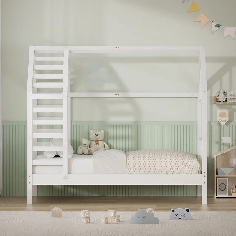 ML-DESIGN | Kinderbett mit Lattenrost aus massivem Kiefernholz 70x140 cm Weiß Hausbett mit Dach & Fenster Montessori Bettgestell für Mädchen & Jungen