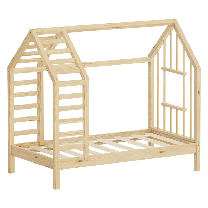 ML-DESIGN | Kinderbett mit Lattenrost aus massivem Kiefernholz 70x140 cm Natur Hausbett mit Dach & Fenster Montessori Bettgestell für Mädchen & Jungen