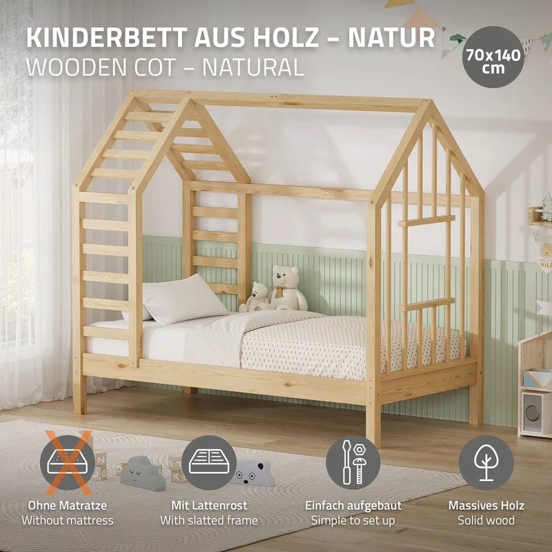 ML-DESIGN | Kinderbett mit Lattenrost aus massivem Kiefernholz 70x140 cm Natur Hausbett mit Dach & Fenster Montessori Bettgestell für Mädchen & Jungen