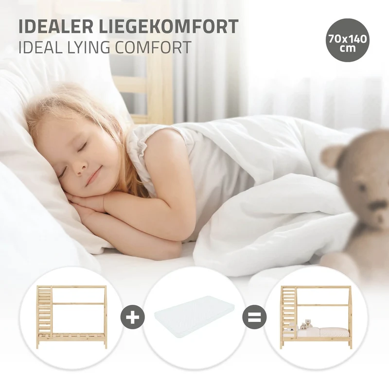 ML-DESIGN | Kinderbett mit Lattenrost aus massivem Kiefernholz 70x140 cm Natur Hausbett mit Dach & Fenster Montessori Bettgestell für Mädchen & Jungen