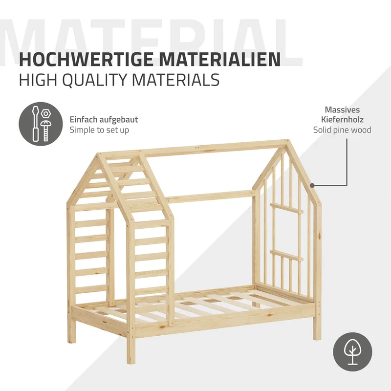 ML-DESIGN | Kinderbett mit Lattenrost aus massivem Kiefernholz 70x140 cm Natur Hausbett mit Dach & Fenster Montessori Bettgestell für Mädchen & Jungen